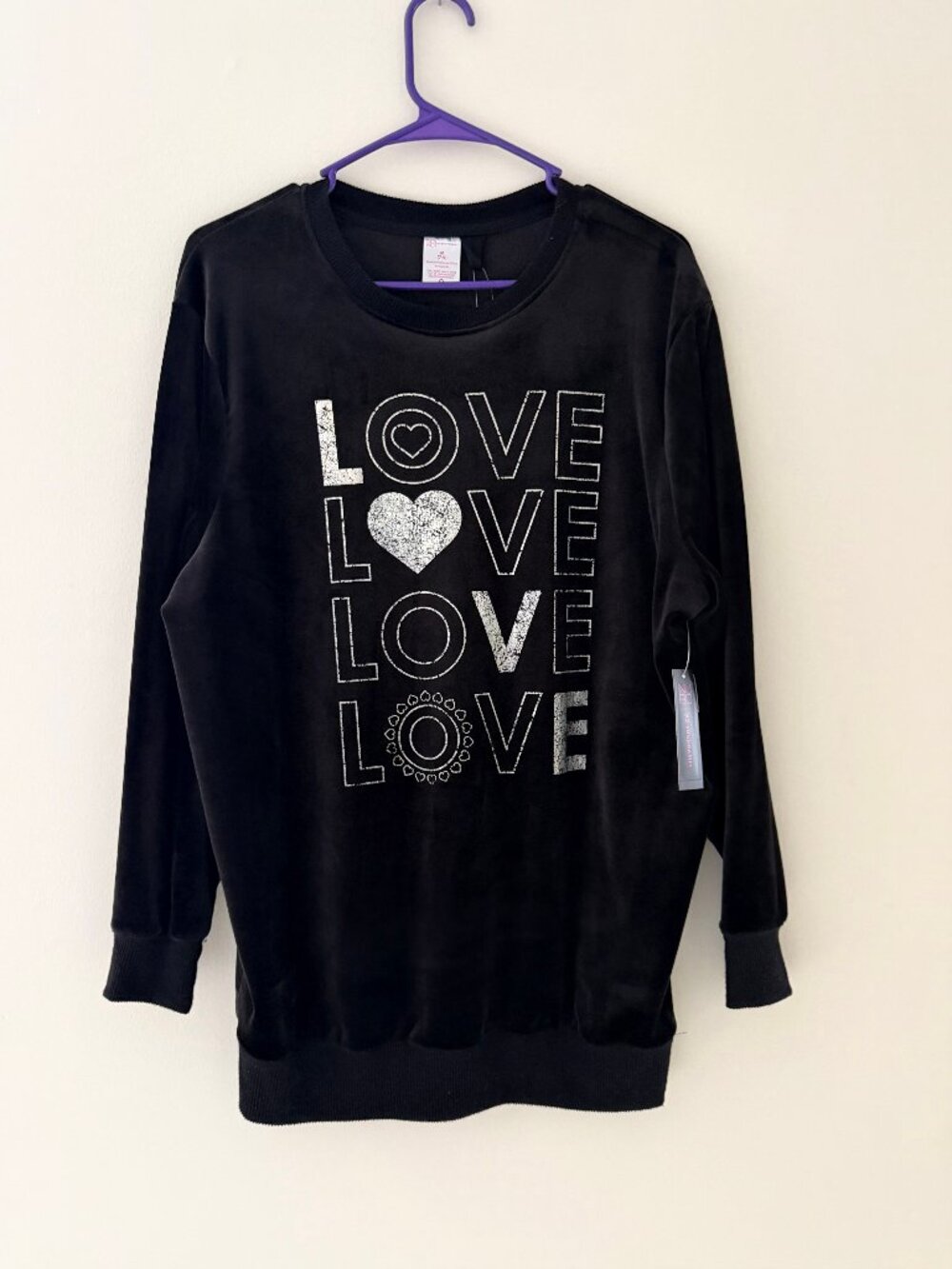 NEW NO BOUNDARIES LOVE BLACK SILVER VELVET VELOUR SWEATSHIRT & MASK -JR M (7-9)